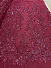 Dantela Couture Bordeaux cu Model Floral, Perle, Margele si Paiete