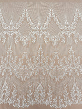 Dantela Ivory cu Model Geometric, cu Perle, Margele si Paiete