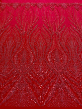 Piros Couture csipke geometriai mintával, gyöngyökkel, gyöngyöcskékkel és flitterekkel