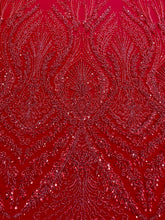 Piros Couture csipke geometriai mintával, gyöngyökkel, gyöngyöcskékkel és flitterekkel