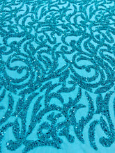 Dantela Couture türkiz geometriai mintával, gyöngyökkel és flitterekkel