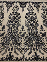 Dantela Couture Neagra cu Model Floral, cu Perle, Margele si Paiete