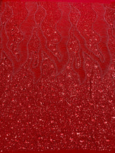 Dantela Couture Piros Geometriai Mintával és Virágokkal, Gyöngyökkel és Flitterekkel