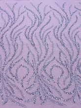 Dantela Couture Argintie pe Tulle Roz cu Perle, Margele si Paiete