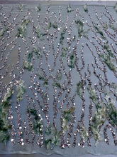 Dantela Gri Antracit Haute Couture cu Siraguri si Pene Petrol