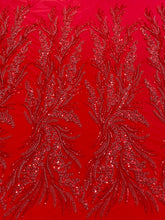 Piros virágmintás Couture csipke gyöngyökkel és flitterekkel