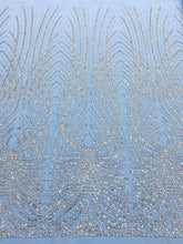 Dantela Couture Argintie cu Tulle Baby Blue cu Panou, cu Perle, Margele Si Paiete