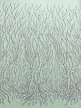 Dantela Couture Argintie pe Tulle Verde Menta cu Siraguri, cu Margele si Paiete