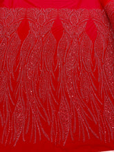 Piros Couture csipke geometriai mintával, gyöngyökkel, gyöngyöcskékkel és flitterekkel