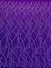 Sötétlila Couture csipke lineáris mintával, gyöngyökkel és flitterekkel