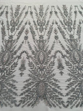 Dantela Couture Gri Antracit cu Model Simetric, cu Margele si Paiete