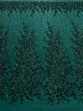 Dantela Couture Verde Inchis cu Frunze, cu Perle, Margele si Paiete