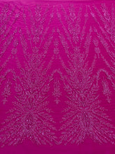 Dantela Couture Fucsia cu Model Simetric, cu Margele si Paiete