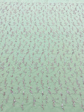 Dantela Couture Argintie pe Tulle Verde Menta cu Perle, Margele si Paiete