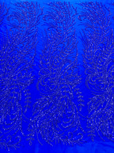 Dantela Couture Albastru Royal cu Model Floral, cu Margele si Paiete