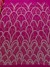 Dantela Couture Argintie cu Tulle Fucsia cu Model Geometric, cu Perle, Margele Si Paiete