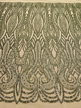 Dantela Couture Olive cu Model Geometric, cu Perle, Margele si Paiete