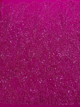 Dantela Couture Fucsia geometriai mintával, gyöngyökkel, gyöngyöcskékkel és flitterekkel