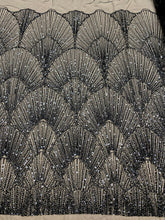 Dantela Couture Neagra cu Model Geometric, cu Perle, Margele si Paiete