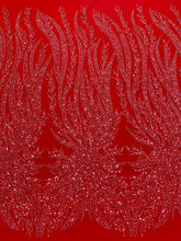 Piros Couture csipke geometriai mintával, gyöngyökkel, gyöngyöcskékkel és flitterekkel