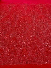 Piros Couture csipke geometriai mintával, gyöngyökkel, gyöngyöcskékkel és flitterekkel