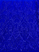 Dantela Couture Királyi Kék Geometriai Mintával, Gyöngyökkel és Flitterekkel