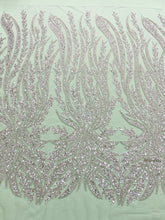 Dantela Couture Argintie pe Tulle Verde Menta cu Panou, cu Perle, Margele si Paiete