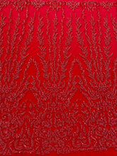 Piros Couture csipke geometriai mintával, gyöngyökkel, gyöngyöcskékkel és flitterekkel