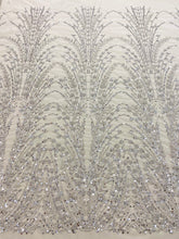 Ezüst Csipke Geometriai Mintával, Gyöngyökkel, Gyöngyökkel és Flitterekkel