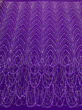 Sötétlila Couture csipke geometriai mintával, gyöngyökkel és flitterekkel