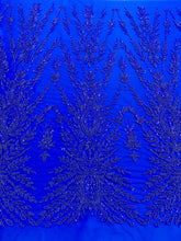 Dantela Couture Királyi Kék Szimmetrikus Mintával, Gyöngyökkel és Flitterekkel