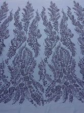 Dantela Couture Albastru Prafuit cu Model Floral, Perle, Margele si Paiete