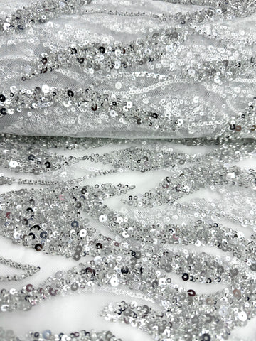 Dantela Couture Argintie pe Tulle Ivory cu Siraguri, cu Margele si Paiete