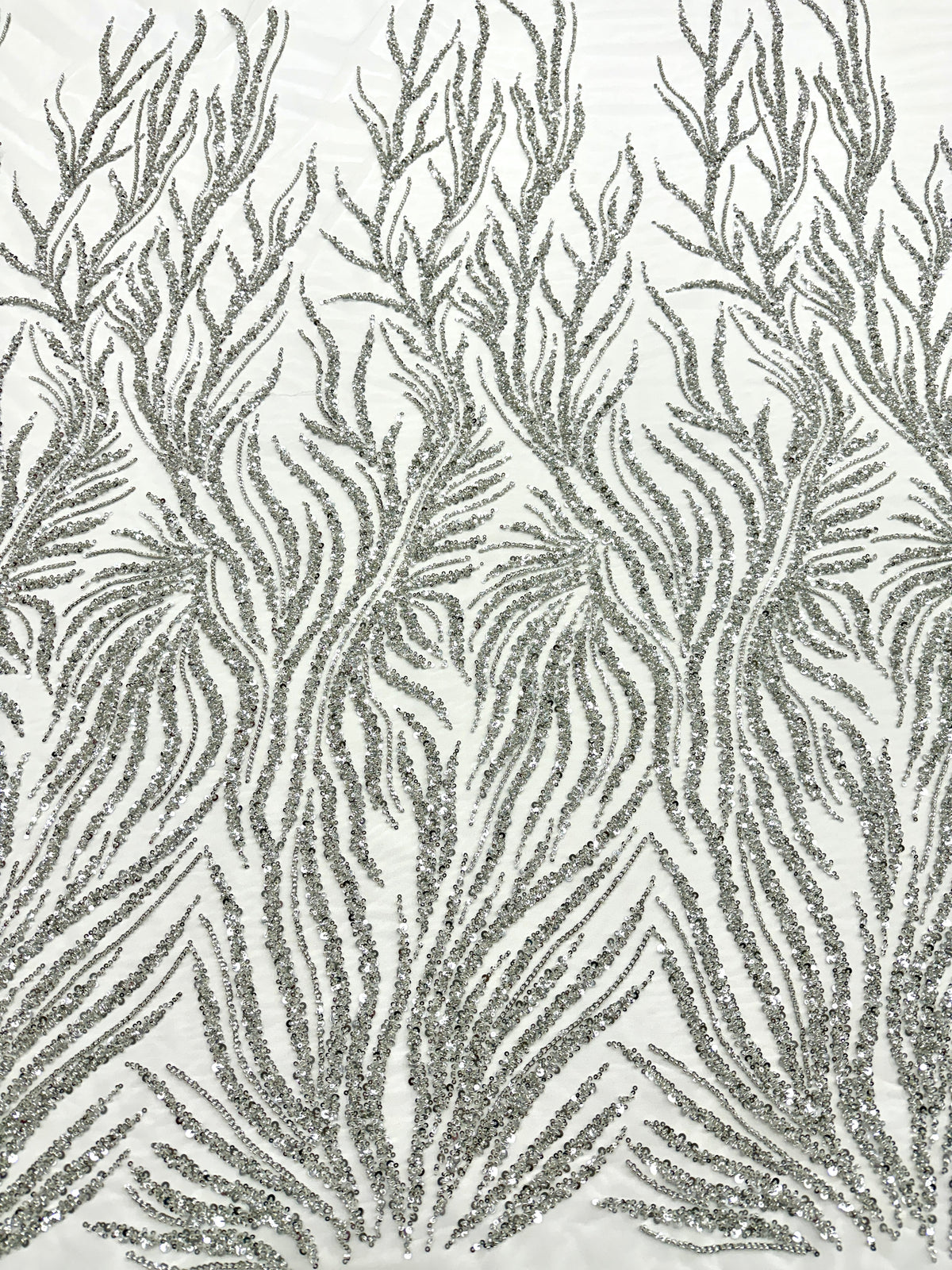 Silver Couture Lace on Ivory Tulle with Strings, Beads and Sequins