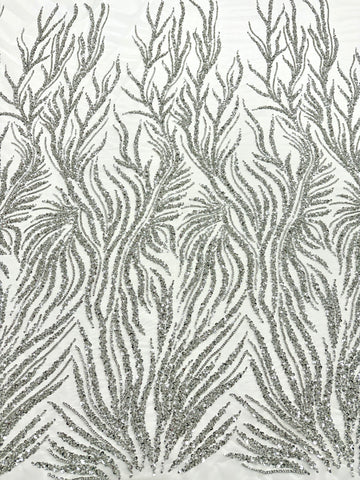 Silver Couture Lace on Ivory Tulle with Strings, Beads and Sequins