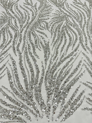 Silver Couture Lace on Ivory Tulle with Strings, Beads and Sequins