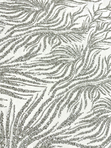 Silver Couture Lace on Ivory Tulle with Strings, Beads and Sequins