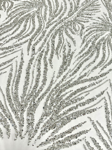 Silver Couture Lace on Ivory Tulle with Strings, Beads and Sequins