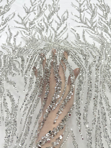 Silver Couture Lace on Ivory Tulle with Strings, Beads and Sequins