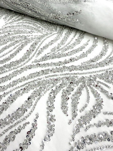 Silver Couture Lace on Ivory Tulle with Strings, Beads and Sequins