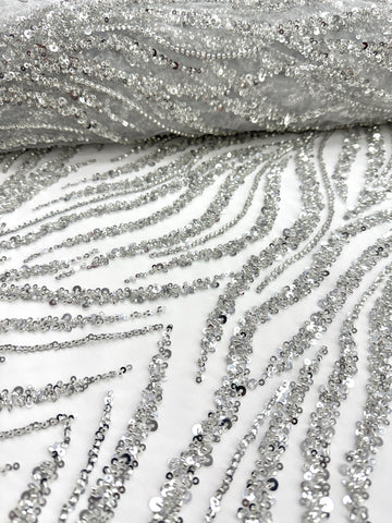 Silver Couture Lace on Ivory Tulle with Strings, Beads and Sequins