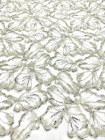 Dantela Couture Argintie pe Tulle Ivory cu Model Floral, cu Margele si Paiete