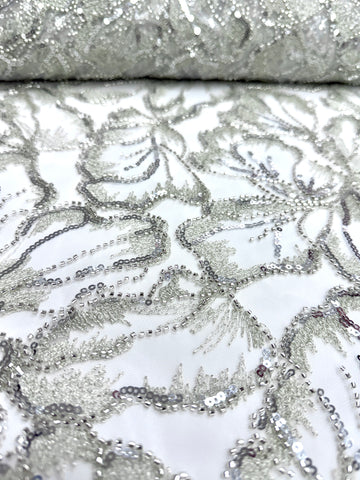 Dantela Couture Argintie pe Tulle Ivory cu Model Floral, cu Margele si Paiete