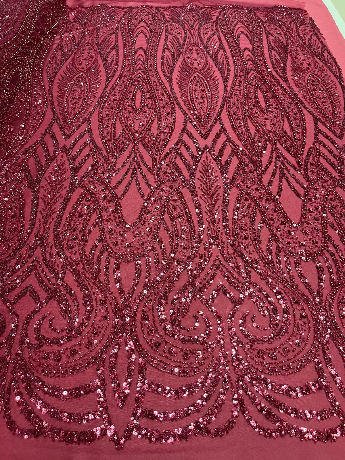 Dantela Couture Bordeaux geometriai mintával, gyöngyökkel, gyöngyöcskékkel és flitterekkel