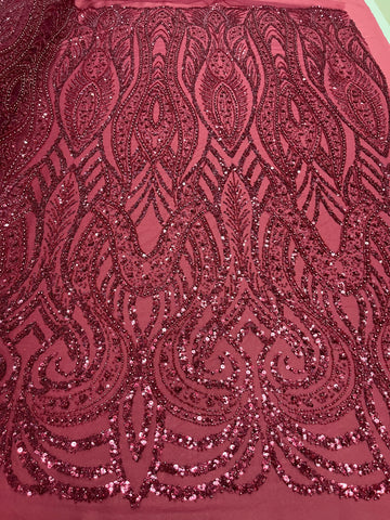 Dantela Couture Bordeaux geometriai mintával, gyöngyökkel, gyöngyöcskékkel és flitterekkel