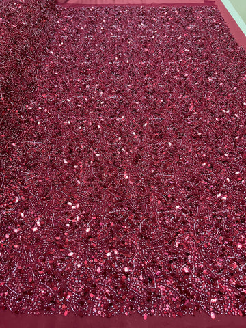 Dantela Couture Bordeaux cu Perle, Margele si Paiete