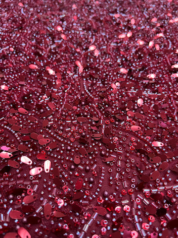 Dantela Couture Bordeaux cu Perle, Margele si Paiete