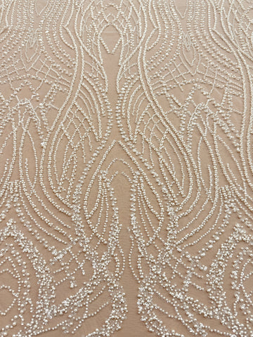 Cupon 1.50 m din Dantela Couture Ivory cu Perle, Margele si Paiete