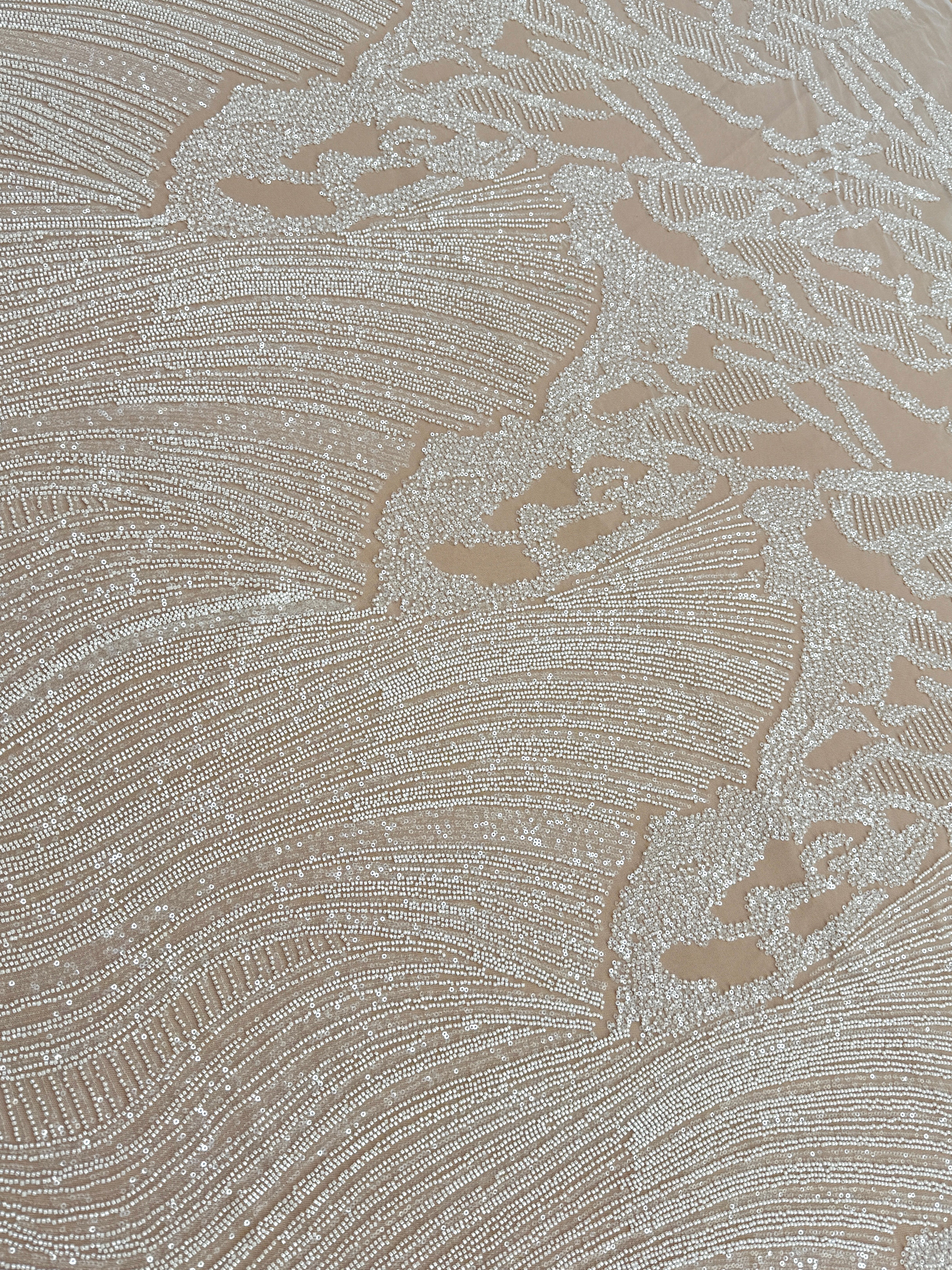 Dantela Couture Ivory cu Model Geometric, cu Margele si Paiete