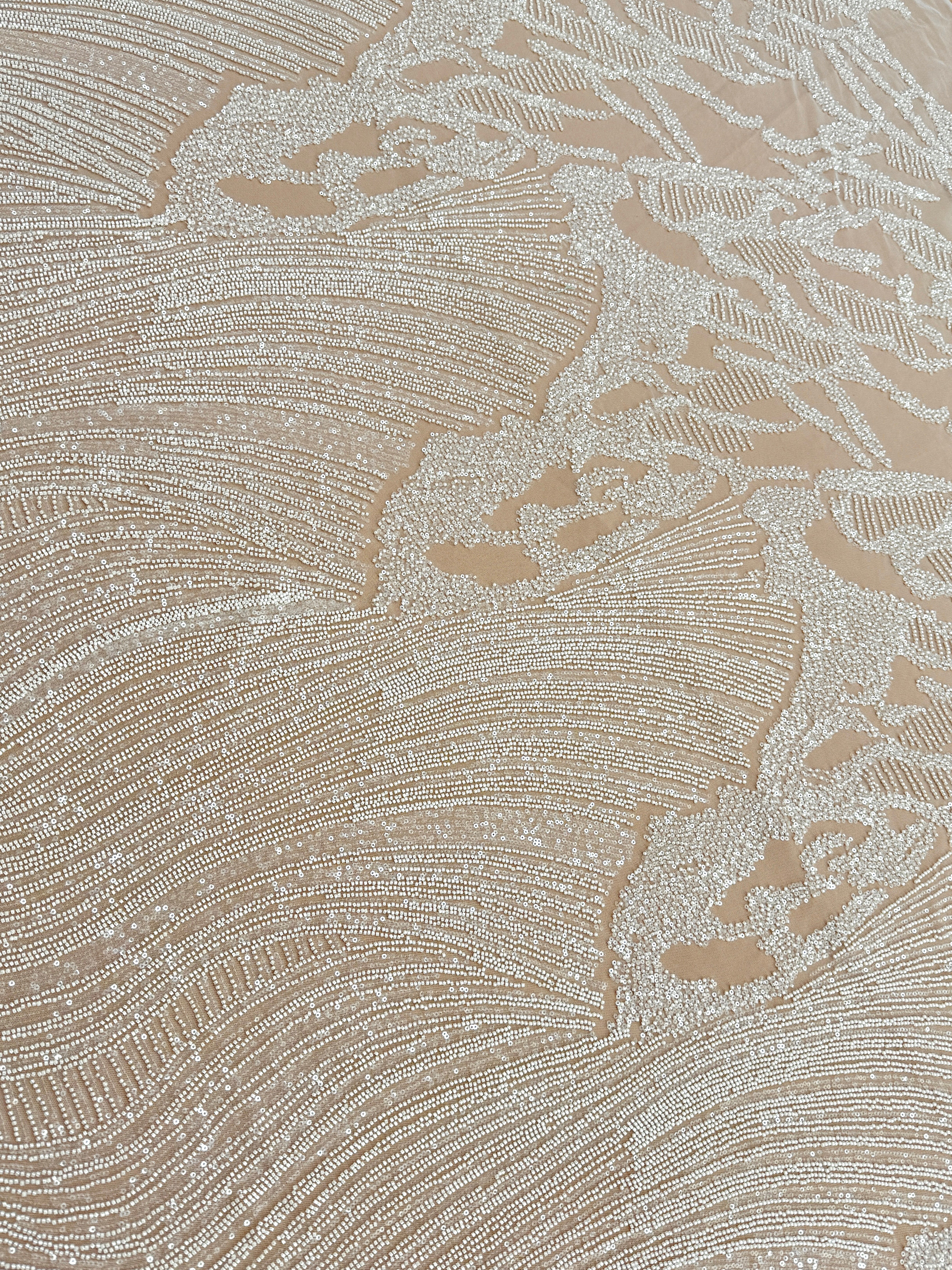 Dantela Couture Ivory cu Model Geometric, cu Margele si Paiete